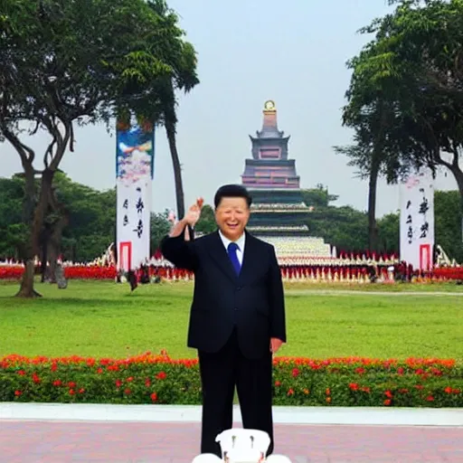 Image similar to president xi jinping taking a selfie at rizal park, realistic, shot on an iphone
