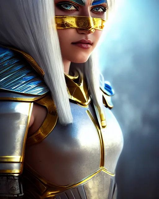 Image similar to girl in egypt, egyptian cyborg armor, white hair, atmosphere, gold, detailed, intricate, desert, beautiful face, cinematic lighting, trending on artstation, blue eyes, 4 k, focused, extreme details, cinematic, masterpiece, by akihito tsukushi