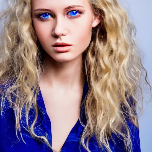 Prompt: Close up 35mm nikon photo of the left side of the head of a dressed young blond model with gorgeous blue irises and wavy long blond hair, who looks directly at the camera. ,.