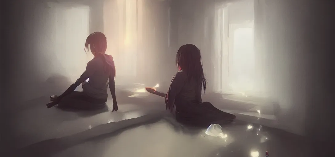 Image similar to Young Himalayan woman concerned in an empty room using psychic powers to make a lighter float| night time scene, plain walls |somber white eyes, long messy hair | gentle lighting, futuristic, dim lighting, digital art by Makoto Shinkai ilya kuvshinov and Wojtek Fus, digital art, concept art,