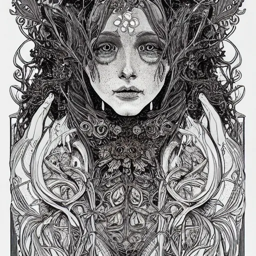 Image similar to a beautiful detailed front view portrait of a rotten woman corpse with fractal plants and fractal flowers and mushrooms growing around, symmetrical, ornate, ornamentation, illustration, in the style of art nouveau, mucha