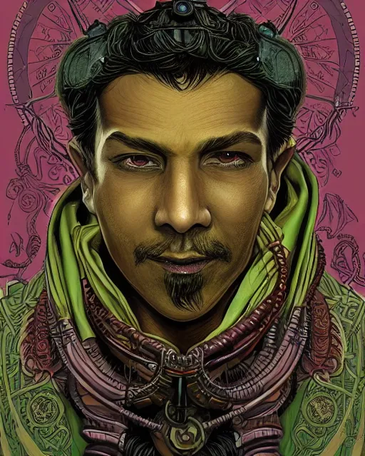 Image similar to a detailed portrait illustration of a steampunk wizard. stern indian male face, dark skin, piercing green eyes. art nouveau, pop art, comic book style. influenced by neil gaiman, h. p. lovecraft, dan mumford, brian froud, vadim voitekhovitch, killian eng, ross tran, cedric peyravernay.