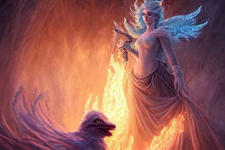 Image similar to Majestic beautiful young pepe ice goddess! fighting a beautiful evil fire goddess!! intricate, epic, elegant, menacing, fantasy, highly detailed, digital painting, hard focus, beautiful volumetric lighting, epic light, ultra detailed, souls, smoke, icicle, frozen by Leesha Hannigan, Ross Tran, Thierry Doizon, Kai Carpenter, Ignacio Fernández Ríos