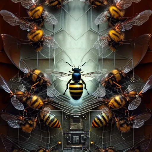 Image similar to A photorealistic 3d render of a robot Bee made of circuits wide view shot by ellen jewett , tomasz alen kopera and Justin Gerard symmetrical features, ominous, magical realism, texture, intricate, ornate, royally decorated, android format, windows, many doors, roofs, complete house , whirling smoke, embers, red adornments, red torn fabric, radiant colors, fantasy, trending on artstation, volumetric lighting, micro details, 3d sculpture, ray tracing, 8k