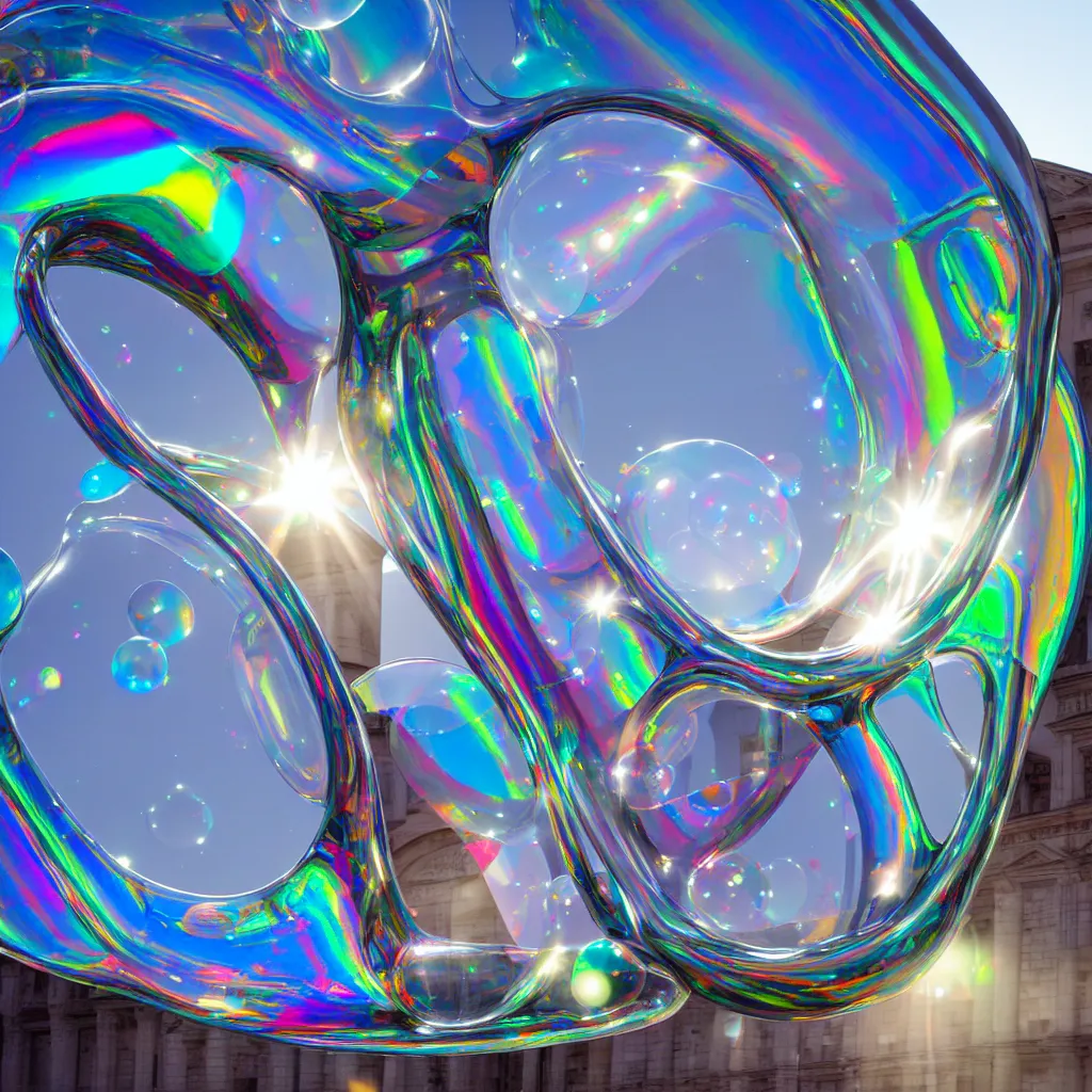 Prompt: sitting on an unfinished klein bottle sculptural, chroma iridescence, colors, glassy, reflective and refractive, soap bubbles floating, baroque architecture background, morning lights, house