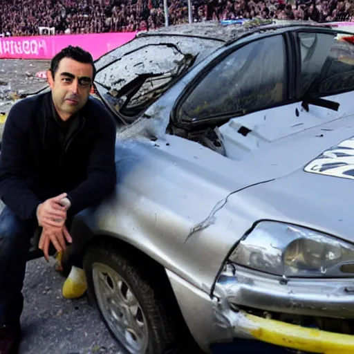 Prompt: xavi hernandez next to a crashed car, in estadio de vallecas