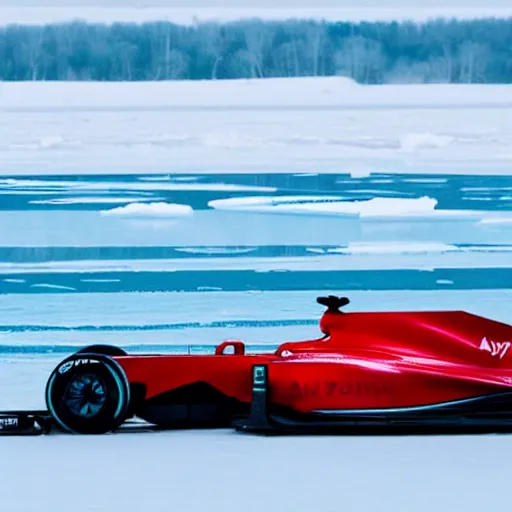 Prompt: an f1 car drifting across a frozen ice lake, cinematic shot