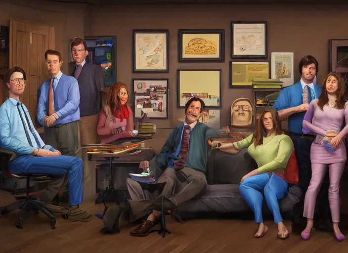 Prompt: ( ( ( portrait painting of the office, michael, jim, pam, dwight, kevin, oscar ) ) ) by mike campau and matt stewart, fantasy, photorealistic, octane render, vibrant colors, unreal engine, dynamic lighting, perfect factions, very detailed faces, trending on artstation, poster, volumetric lighting, 4 k, award winning