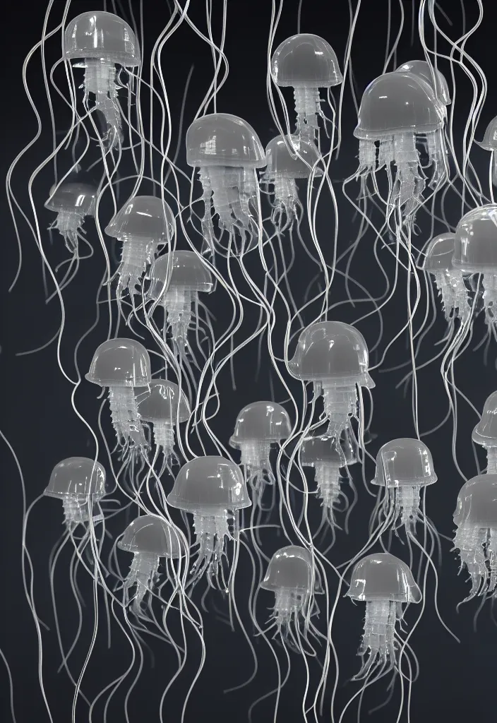 Prompt: a bunch of translucent man's heads which looks like jellyfish mixed with wires and led diodes and radioparts lying in the dark corner of the warehouse, high resolution, sci - fi, cyperpunk, octane render, 8 k