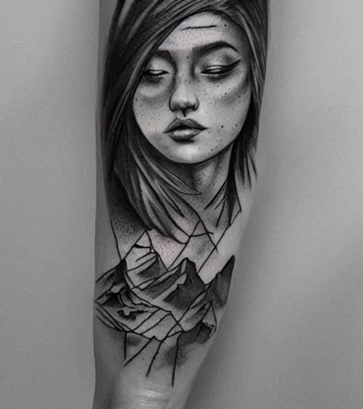 Image similar to amazing blend effect of beautiful mountain scenery with a beautiful woman face, tattoo design sketch, hyper - realistic, in the style of matteo pasqualin, amazing detail, black and white