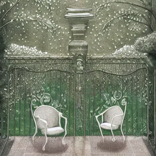 Prompt: delicate rain, symmetric artwork, chairs, garden, paved, botanic watercolors, iridescent, 8 k, realistic shaded, fine details, artstation, italian, iron gate, tree, mediterranean, marvelous