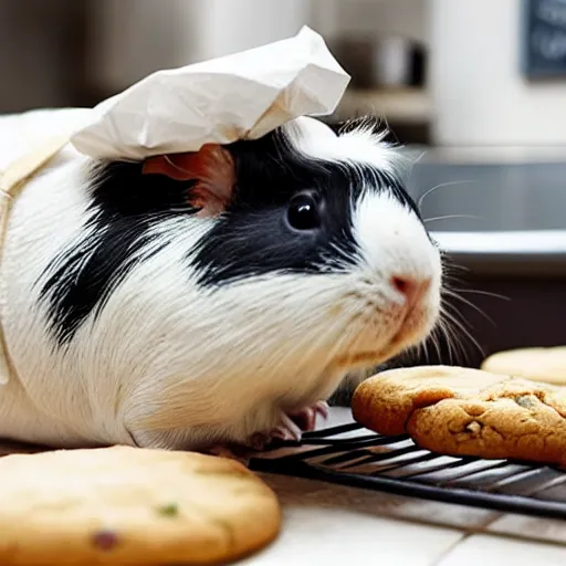 Prompt: a guinea pig baking cookies in a cozy french kitchen