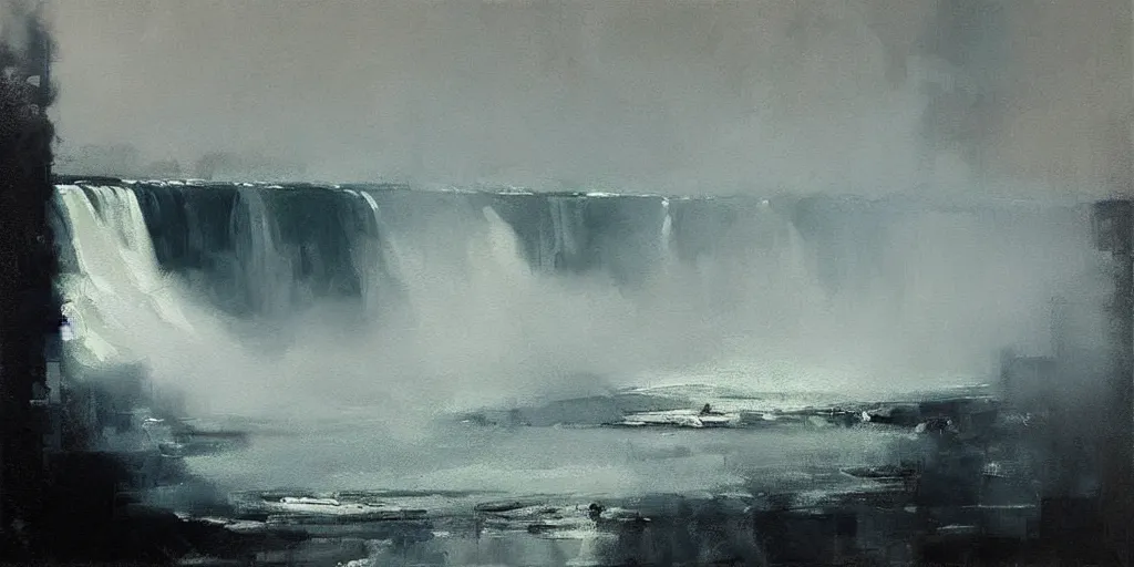 Image similar to loose gestural atmospheric painting of niagara falls by jeremy mann