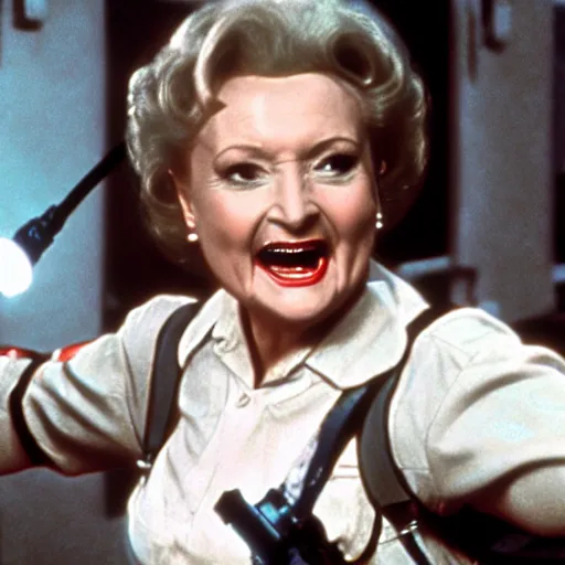 Image similar to stunning awe inspiring betty white as a ghostbuster in the movie ghostbusters, movie still 8 k hdr atmospheric lighting