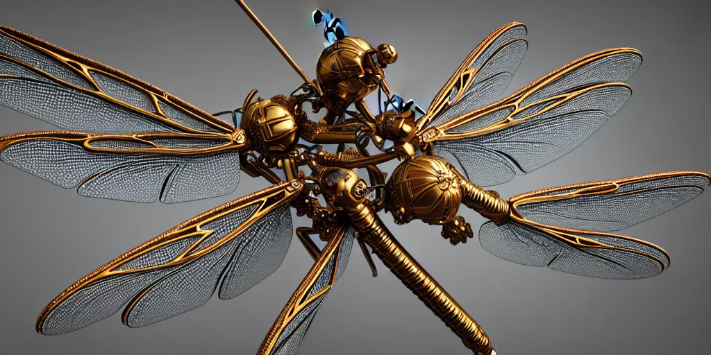 Prompt: photograph of a diagram of a Mechanical Dragonfly, ornamental, photorealism, elaborate, highly detailed, ornate, dramatic lighting, octane render,-H 960