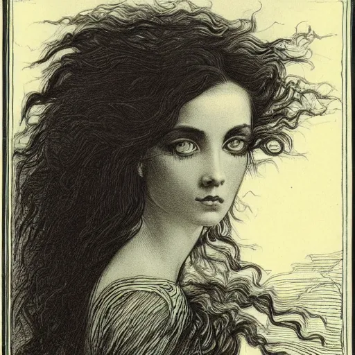 Prompt: portrait of a beautiful woman, gothic, cat eyes, hair waving in the wind, high detail, illustration by gustav dore