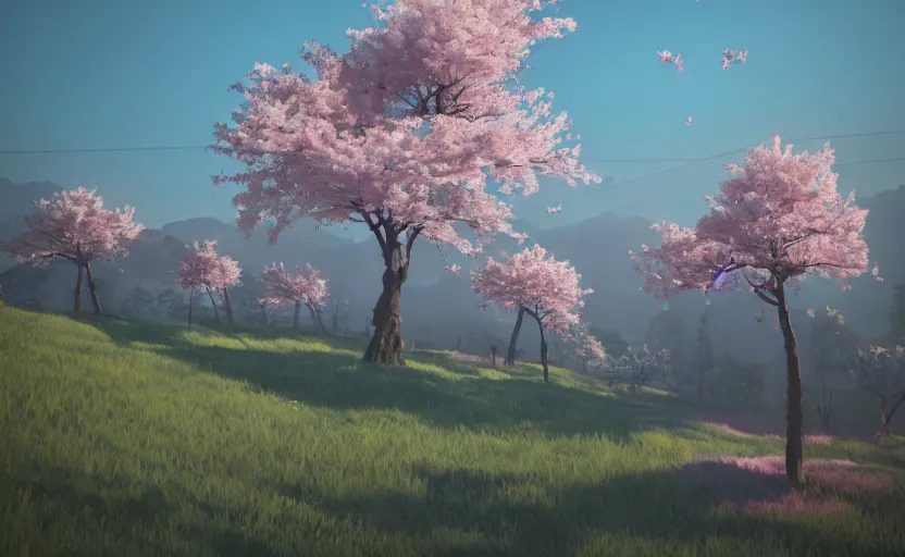 Prompt: cherry blossoms in the hills, Low level, rendered by Beeple, Makoto Shinkai, syd meade, simon stålenhag, synthwave style, digital art, unreal engine, WLOP, trending on artstation, 4K UHD image, octane render,