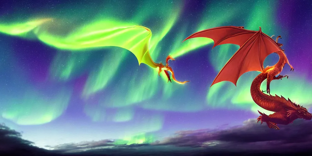 Prompt: Dragon flying across a aurora borealis sky, digital art, trending on Artstation, lightning