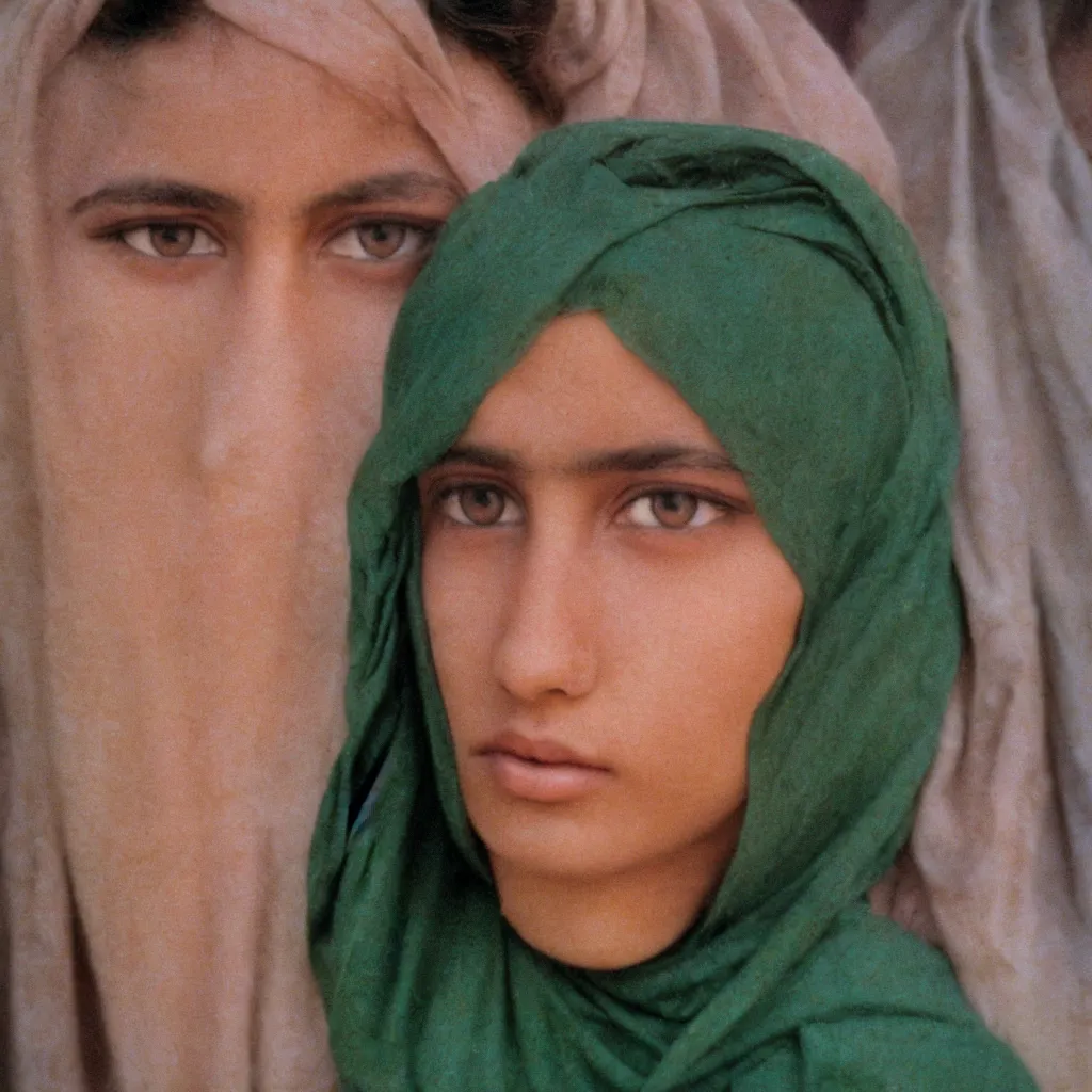 Image similar to a teenage girl og afghani descent with strikning green eyes stares into the camera with deep read headscarf. kodachrome