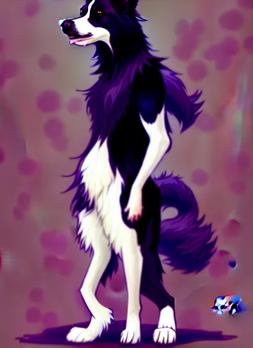 Image similar to wide angle beautiful full body portrait of a cute male anthropomorphic anthro border collie fursona looking directly at you, character design by charlie bowater, henry asencio, and ross tran, furry art, furaffinity, beautiful, glamor pose, detailed, aesthetic, trending on artstation