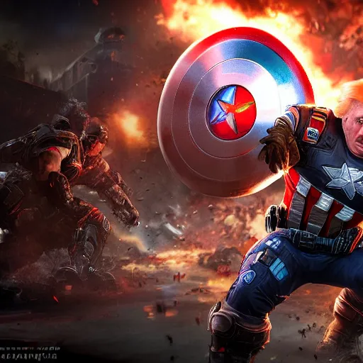 Image similar to Portrait! of President Donald Trump as ((captain america)) in Gears of War, splash art, movie still, cinematic lighting, dramatic, octane render, long lens, shallow depth of field, bokeh, anamorphic lens flare, 8k, hyper detailed, 35mm film grain