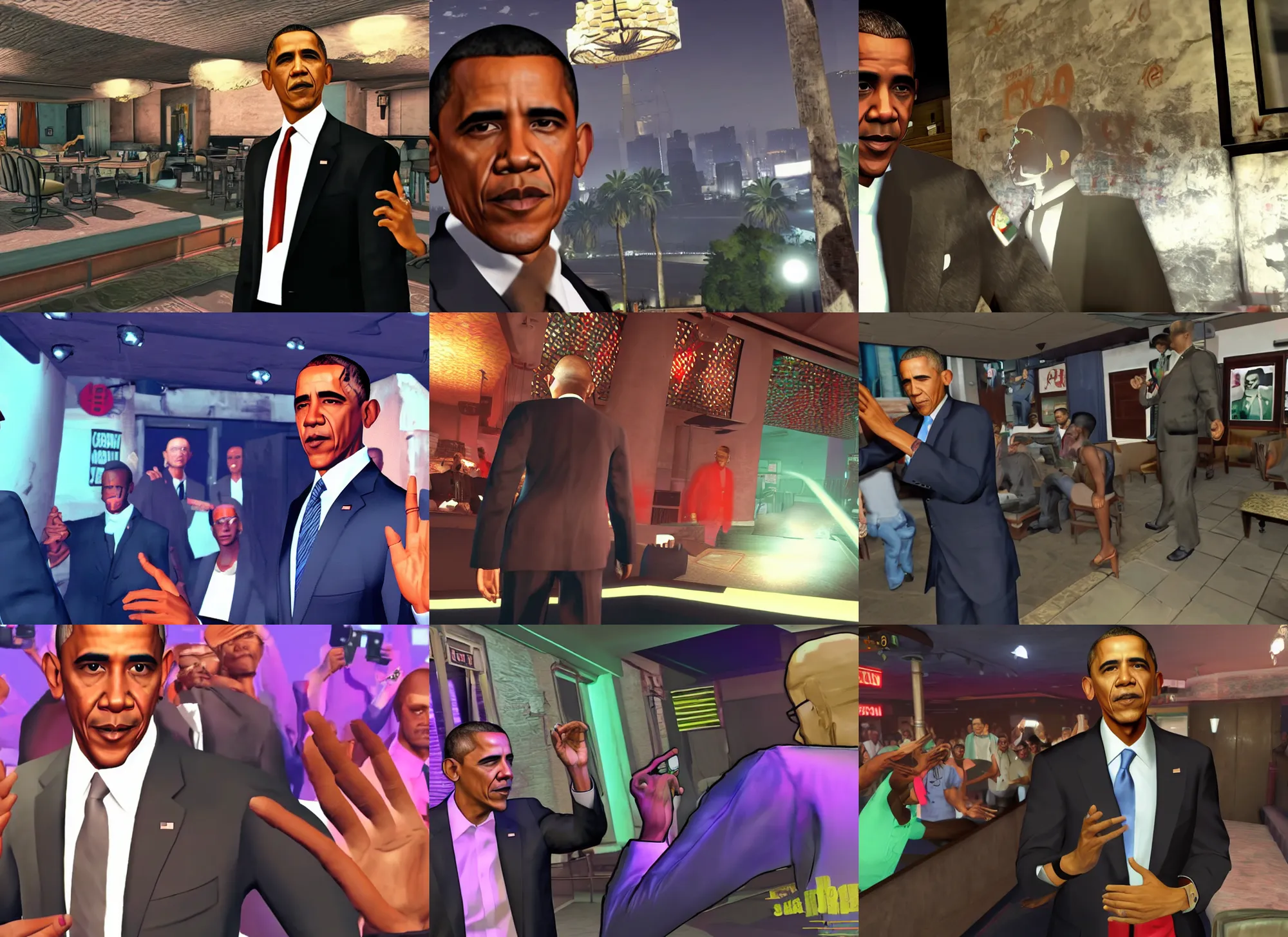 Prompt: Obama in the night club, screenshot , GTA5