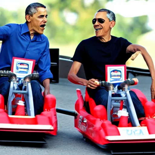 Prompt: obama and biden driving go - karts together at the fair