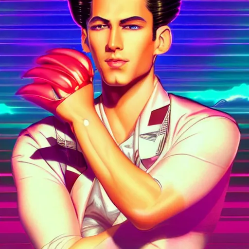 Image similar to a stunning profile portrait of art deco synthwave glamor man wearing a nintendo power glove, by Evelyn De Morgan and Ross Tran, rossdraws