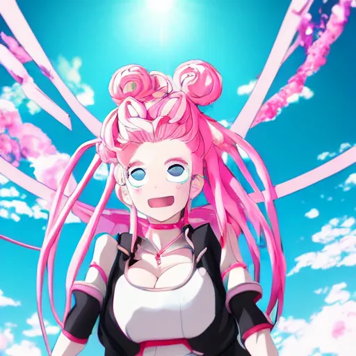 Image similar to omnipotent megalomaniacal anime goddess who looks like junko enoshima with symmetrical perfect face and porcelain skin, pink twintail hair and cyan eyes, looking down upon the viewer and taking control while smiling, mid view from below her feet taken in an extremely low angle, hyperdetailed, digital art, unreal engine 5, 2 d anime style, 8 k