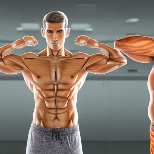 Image similar to a realistic detailed photo of a guy who is an attractive humanoid who is half robot and half humanoid, who is a male android, attractive and handsome jogger, shiny skin, posing like a statue, blank stare, in a factory, on display, showing off his muscles, wearing gym shorts, side view, looking at each other mindlessly