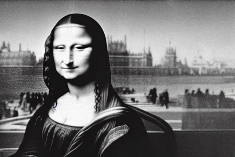 Image similar to grainy 3 5 mm film photo of the mona lisa sitting on a bus in london