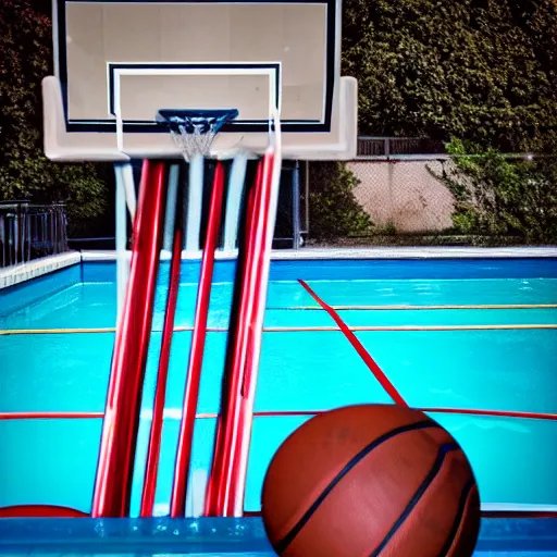 Image similar to film photo of a pool railing next to a basketball net and a retro car