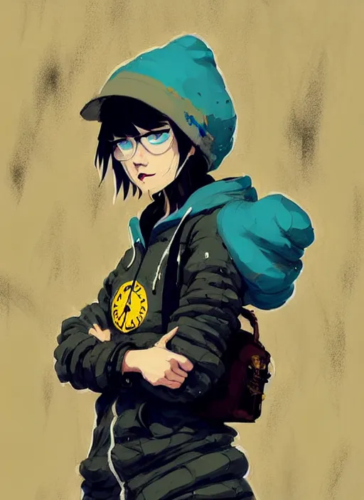 Image similar to highly detailed portrait of a sewerpunk student lady, blue eyes, hoody, beanie hat, white hair by atey ghailan, dustin nguyen, by greg rutkowski, by joe fenton, by greg tocchini, by kaethe butcher, gradient yellow, black, brown and cyan color scheme, grunge aesthetic!!! ( ( graffiti tag wall background ) )