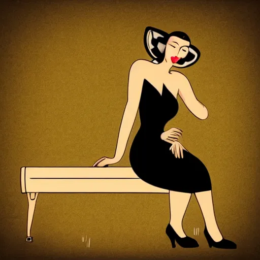 Image similar to beautiful woman with an halo, wearing an black dress and sitting in an piano, 3 0 s cartoon style art