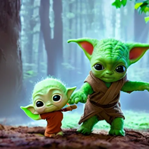 Image similar to baby yoda and baby groot in a forest