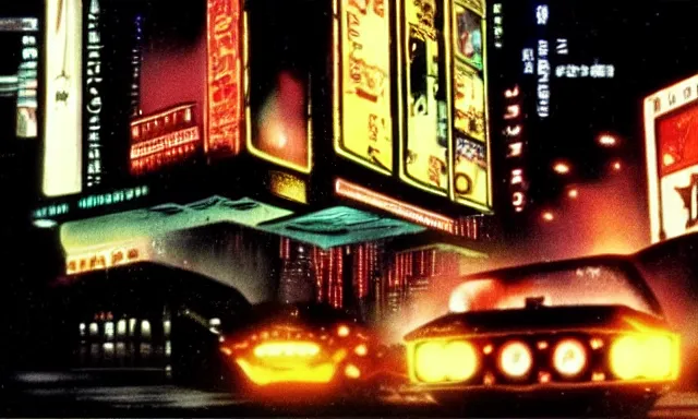 Image similar to full - color cinematic movie still from the 1 9 8 2 anime - adaptation of blade runner. science - fiction ; action ; neon ; gritty ; dystopian ; detective mystery.