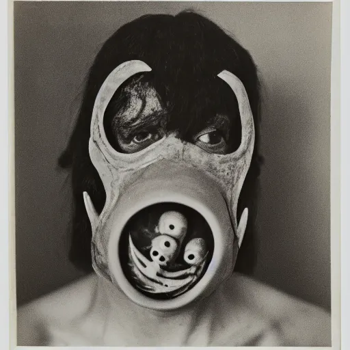 Prompt: photo of ugly brutal animal face mask muscular cultist by Diane Arbus and Louis Daguerre