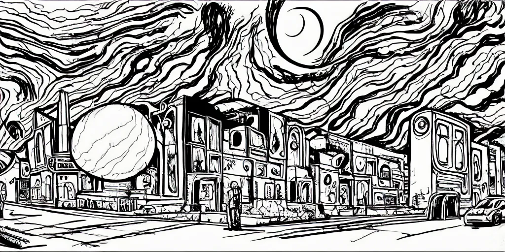 Image similar to traditional drawn colorful animation a car solo stranger with sad face pacing to valley symmetrical architecture on the ground, space station planet afar, planet surface, ground, flower, outer worlds extraterrestrial hyper contrast well drawn Metal Hurlant Pilote and Pif in Jean Henri Gaston Giraud animation film The Masters of Time FANTASTIC PLANET La planète sauvage animation by René Laloux