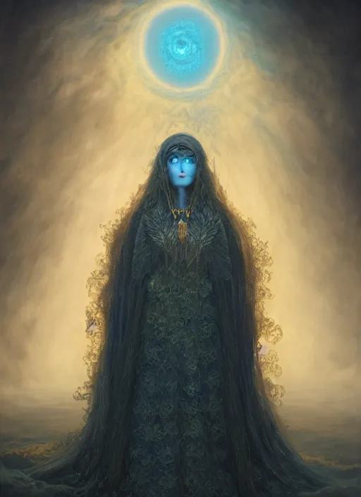 Image similar to Her huge ominous glowing blue eyes staring into my soul , perfect eyes, agostino arrivabene, WLOP, Tomasz strzalkowski, twisted dark lucid dream, 8k portrait render, raven angel wings, beautiful lighting, dark fantasy art, rococo, gold filigree, artstation