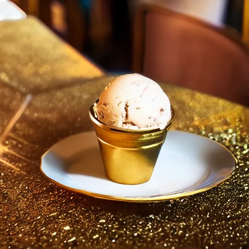 Prompt: ultra realistic photo of a cup of ice cream in golden cup with rich details and luxury plates