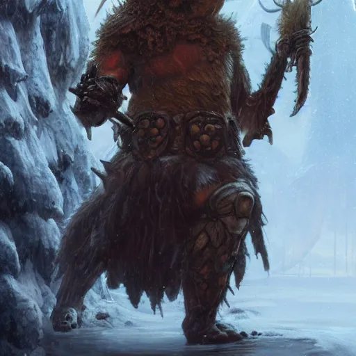 Prompt: anthropomorphic turtle humanoid, greg rutkowski, barbarian, tim hildebrandt, icicles, snow cave, fur jacket, battlehammer, wayne barlowe, tall, fantasy