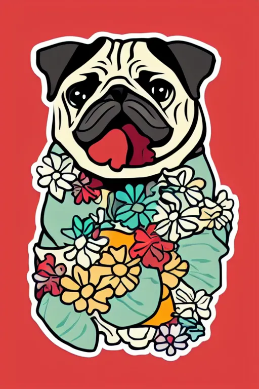 Image similar to pug eating flower. art by samantha mash, sticker, colorful, illustration, highly detailed, simple, smooth and clean vector curves, no jagged lines, vector art, smooth