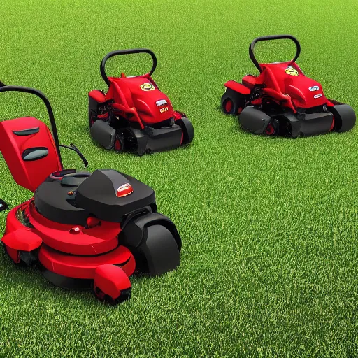 Prompt: a logo of a red lawn mower mowing grass