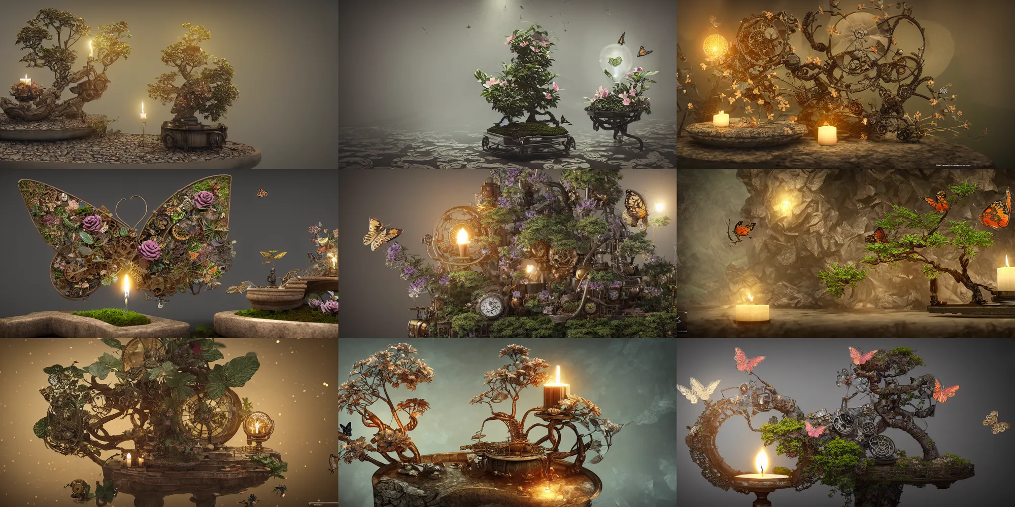 Prompt: steampunk butterfly, bonsai tree, marble, flower garden, intricate detail, hyper detailed, ultra realistic, sharp focus, octane render, candle, butterfly, volumetric, ray tracing, artstation trending, cgsociety, sense of awe, swirling mist, 4 k