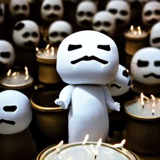 Image similar to a white marble statue of the reddit snoo mascot in a darkened room surrounded by lit candles