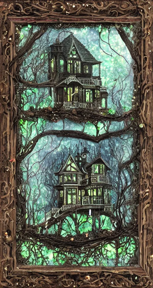 Prompt: victorian house made of wood in a dark forest with obsidian trees and Opal flowers, jade, lapis, eerie, painting