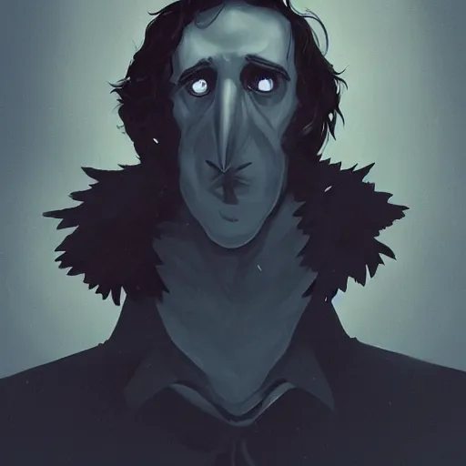 Image similar to Edgar Allan Poe as The Raven, a man with the nose of a raven, a haunting being that is part man and part bird, his nose is a black beak, ambient lighting, 4k, anime key visual, lois van baarle, ilya kuvshinov, rossdraws, artstation