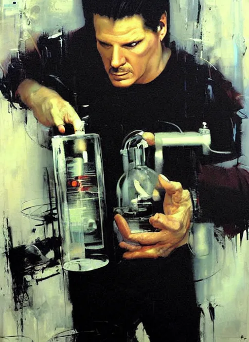 Image similar to zak bagans holding scientific equipment, enraged, painting by phil hale, 'action lines'!!!, graphic style, visible brushstrokes, motion blur, blurry