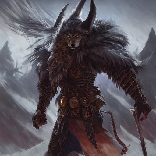 Image similar to Wolf, Anthropomorphized, as warlord general, magic the gathering artwork, D&D, fantasy, cinematic lighting, centered, symmetrical, highly detailed, digital painting, artstation, concept art, smooth, sharp focus, illustration, volumetric lighting, epic Composition, 8k, art by Akihiko Yoshida and Greg Rutkowski and Craig Mullins, heroic pose, oil painting, cgsociety, Battlefield background, explosions, arrows