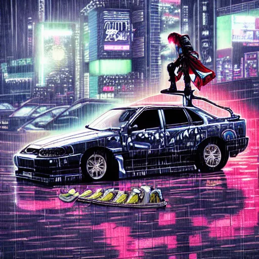 Image similar to beautiful hyper-detailed full colour manga illustration of a robot ninja warrior with a sword, standing on top of a modified Nissan skyline r34, cyberpunk, dystopian, neon, rain